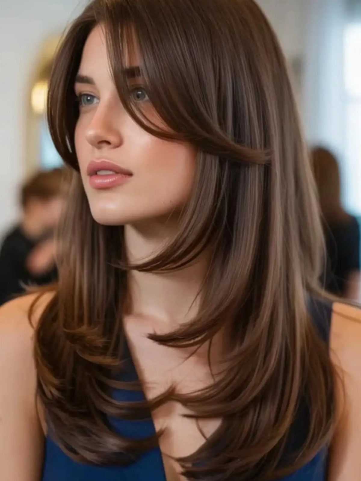 Woman with long brown hair, curtain bangs, and cascading layered ends