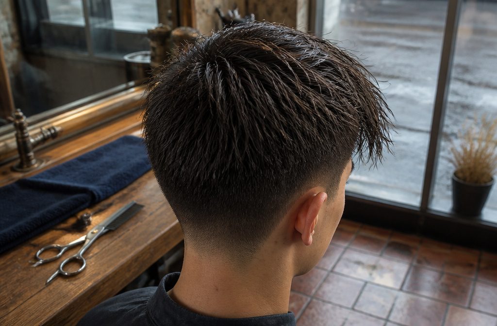 Blowout textured fringe with a lifted crown and softly tapered sides