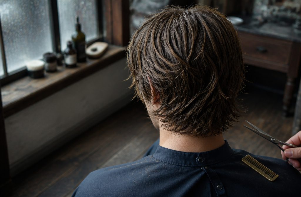 Brad Pitt with medium-length hair, swept back from his face