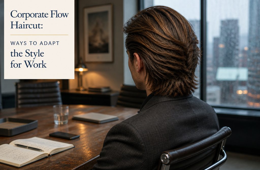 Medium-length flow haircut swept back with controlled sides and layered movement