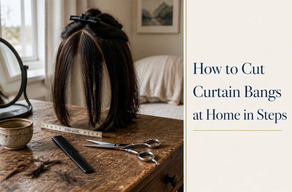 Curtain bangs parted at center with feathered sides framing the face