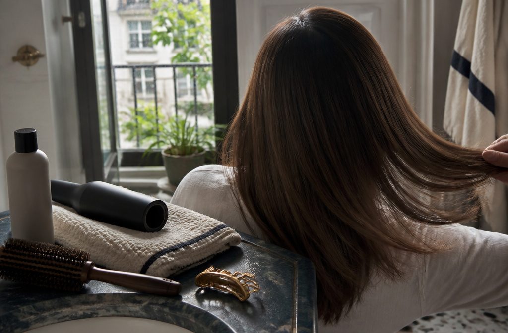 Straight hair with softly lifted roots and airy layers