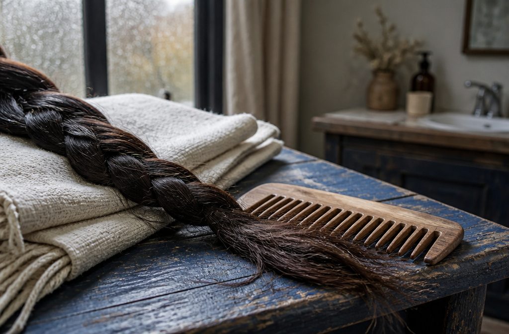 Long defined curls beside unbranded shampoo and conditioner bottles
