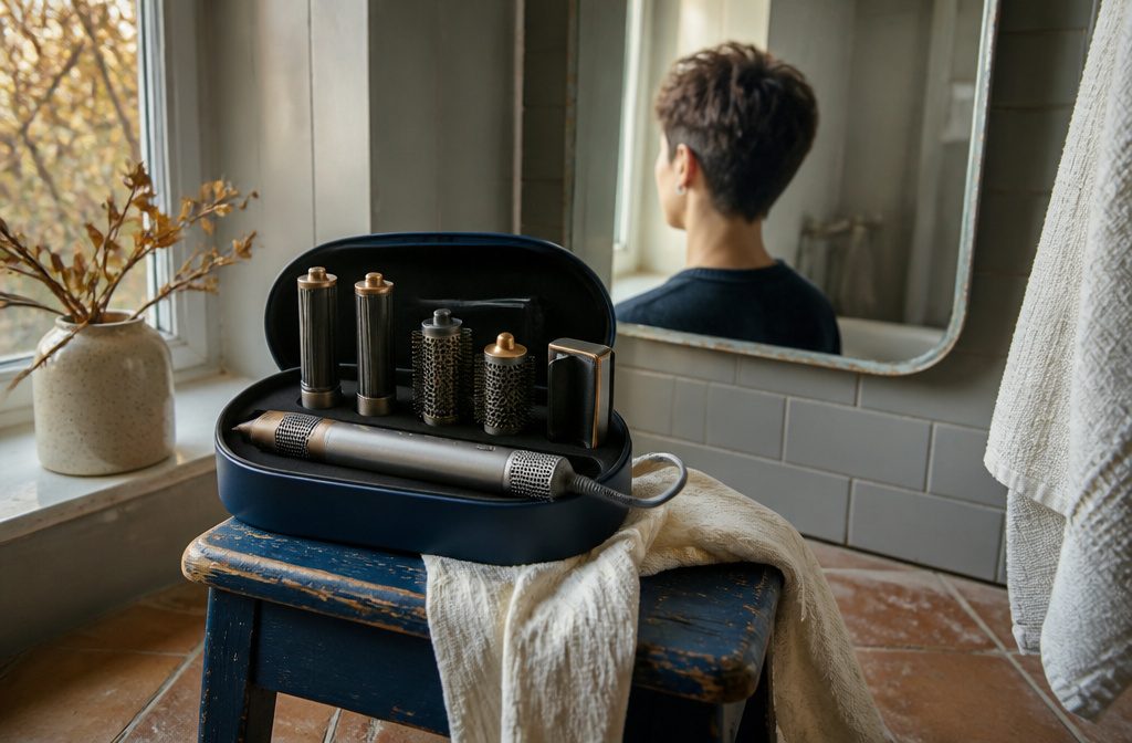 Short hairstyles with compact styling tools arranged beside them