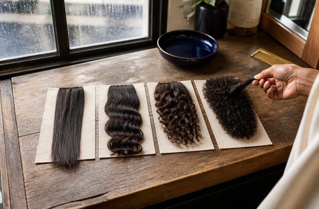 Clean straight wavy curly and coily hair strands beside a glass dish