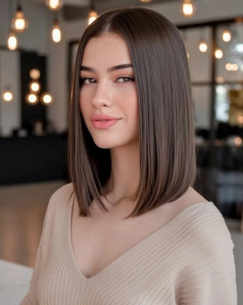 Woman with a sleek, straight dark-brown blunt bob ending near her shoulders