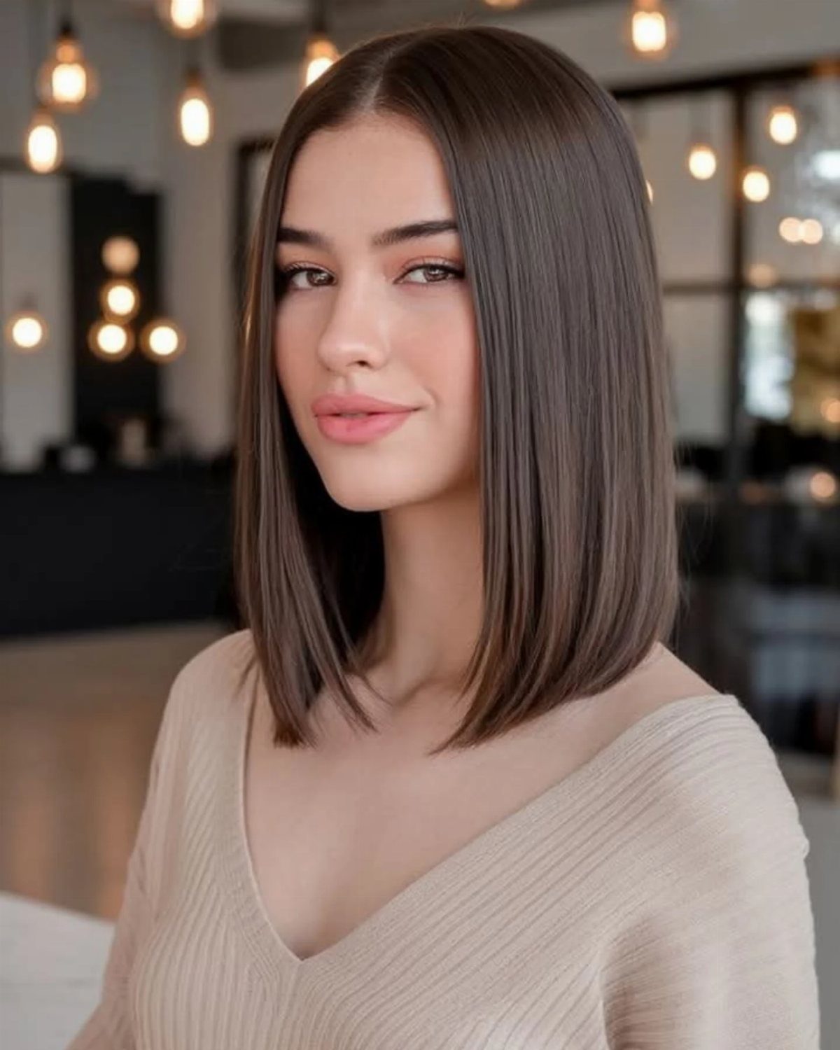 Woman with a sleek, straight dark-brown blunt bob ending near her shoulders
