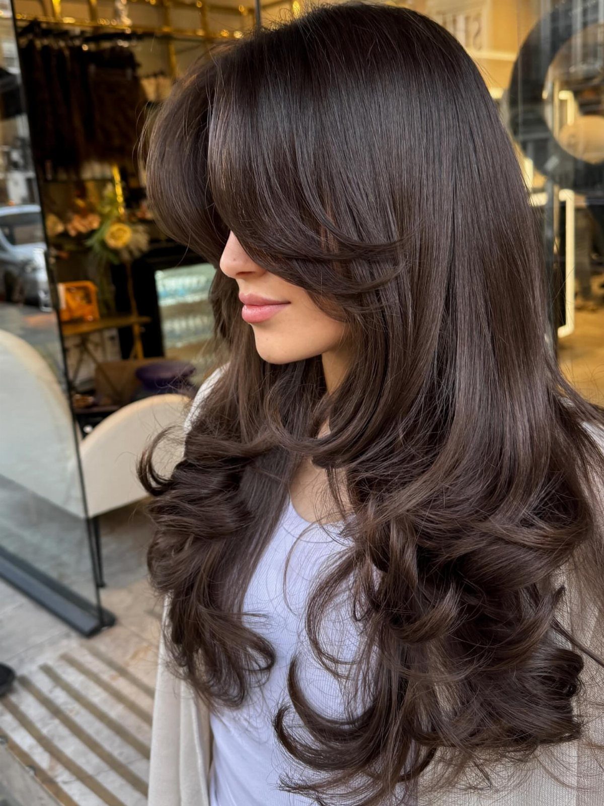 Woman showing long, sweeping bangs with glossy layered curls in a salon