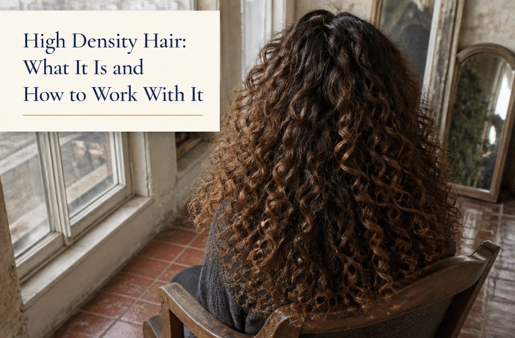 Dense dark hair gathered at the crown with a narrow part and little visible scalp