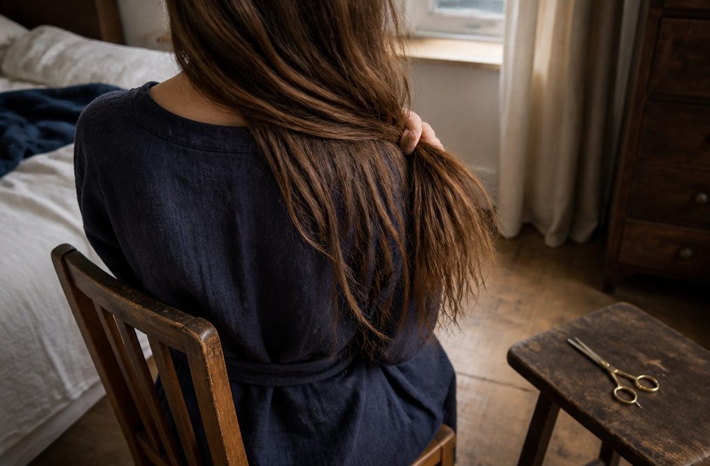 Long dark hair beside styling tools and hair care products