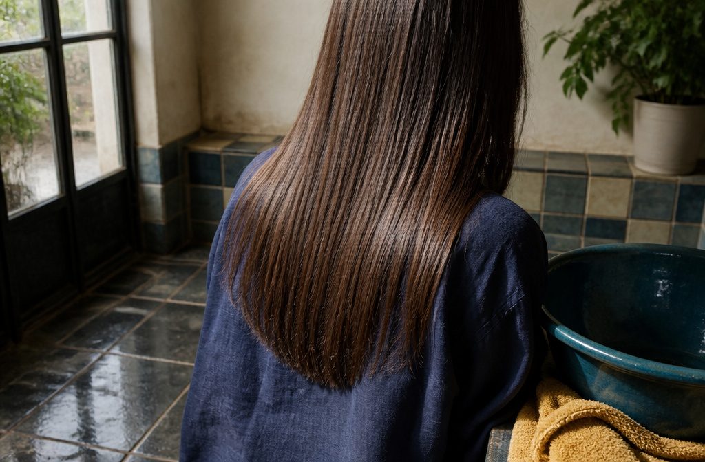 Straight hair falling smoothly from roots to ends with a glossy finish