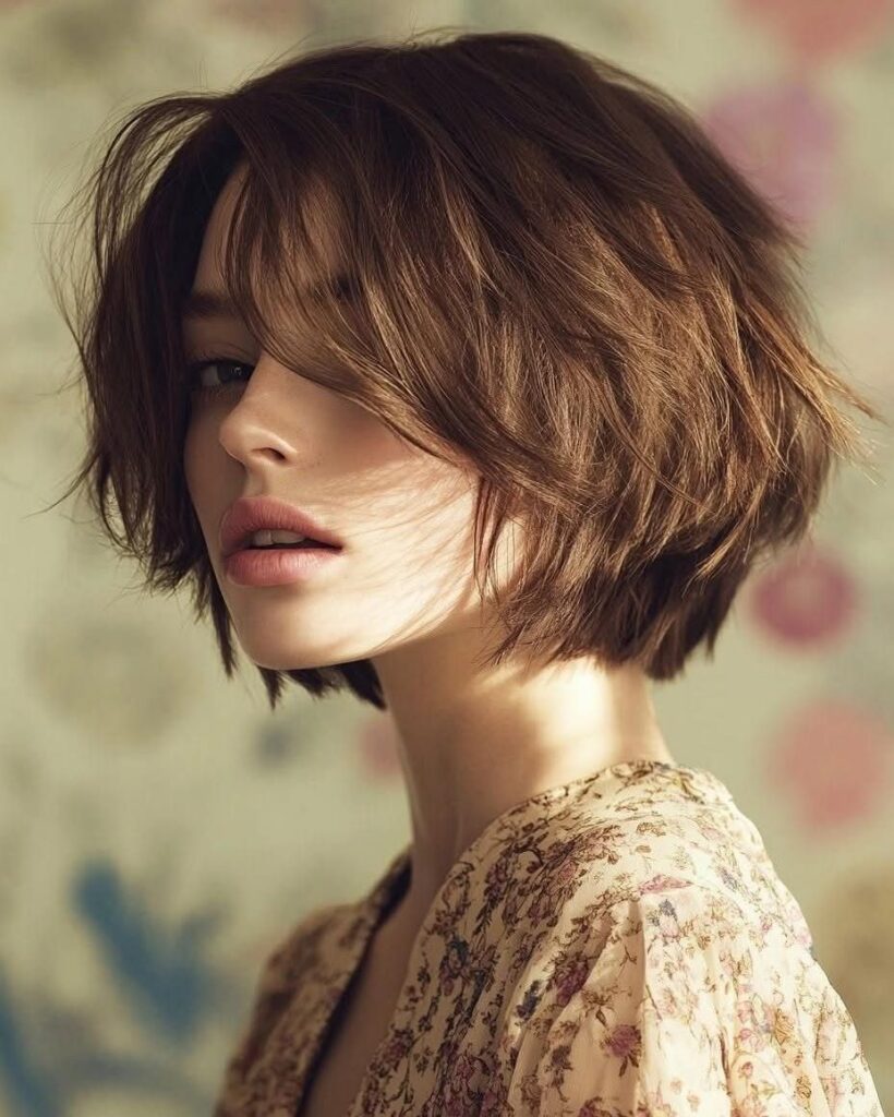 Woman with a tousled, textured brown pixie bob and long side-swept fringe
