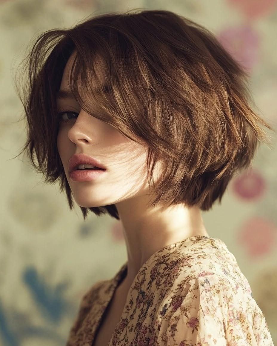 Woman with a tousled, textured brown pixie bob and long side-swept fringe