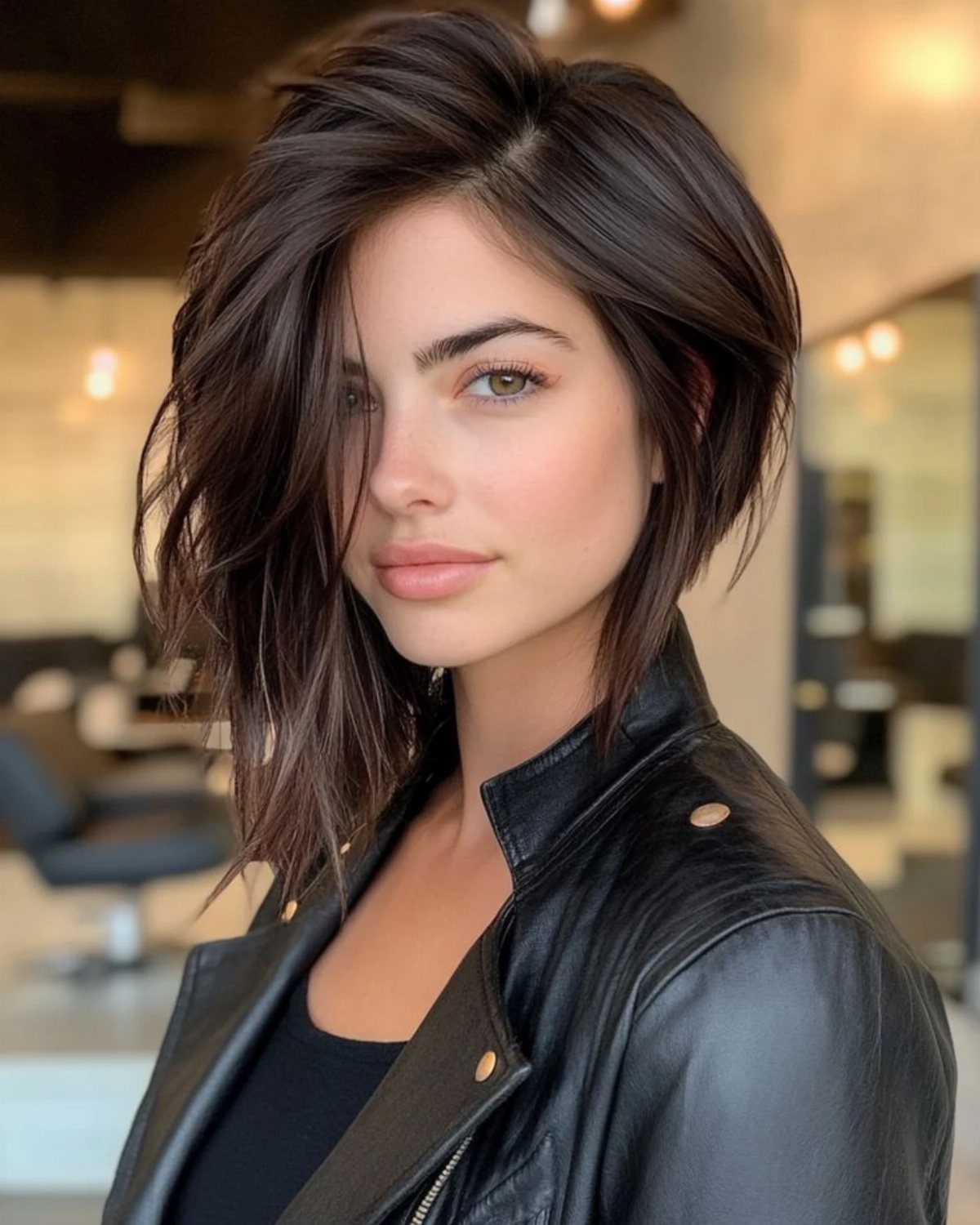 Woman with a dark layered pixie haircut and long side-swept fringe in a salon