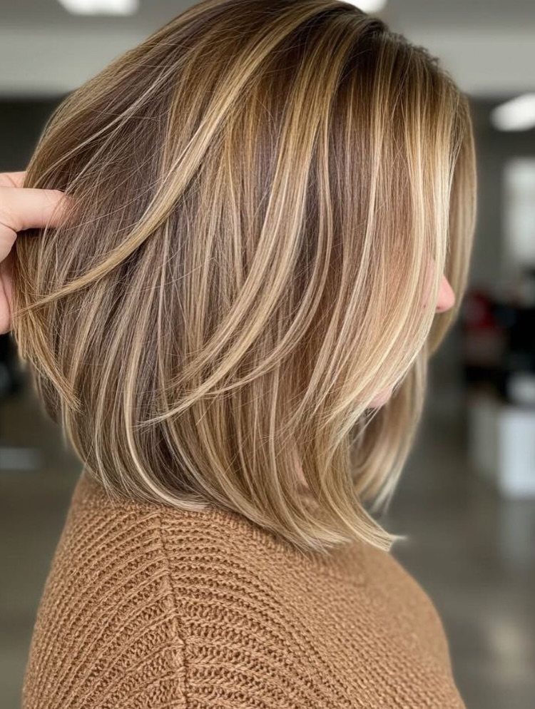 Layered blonde bob haircut with sweeping highlights shown from the side