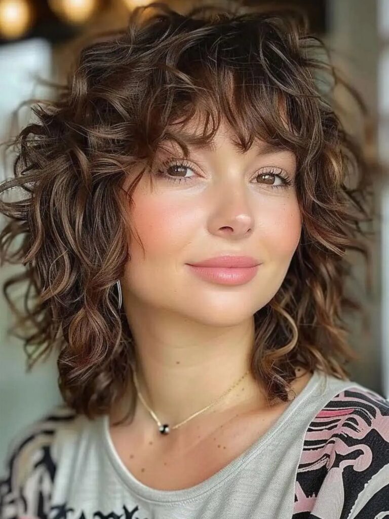Woman with a rounded, layered dark curly bob and loose bangs