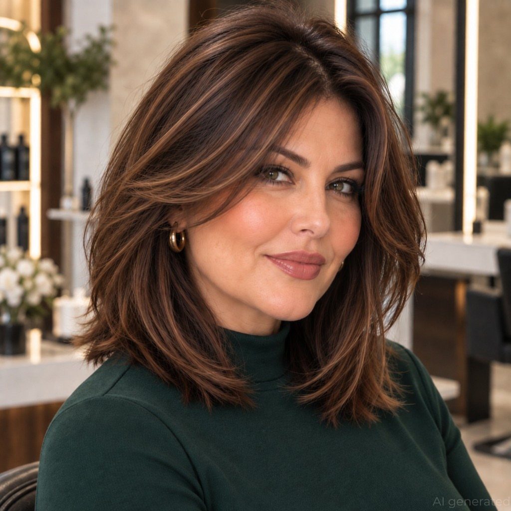 Woman showing a medium-length layered brown haircut with face-framing bangs