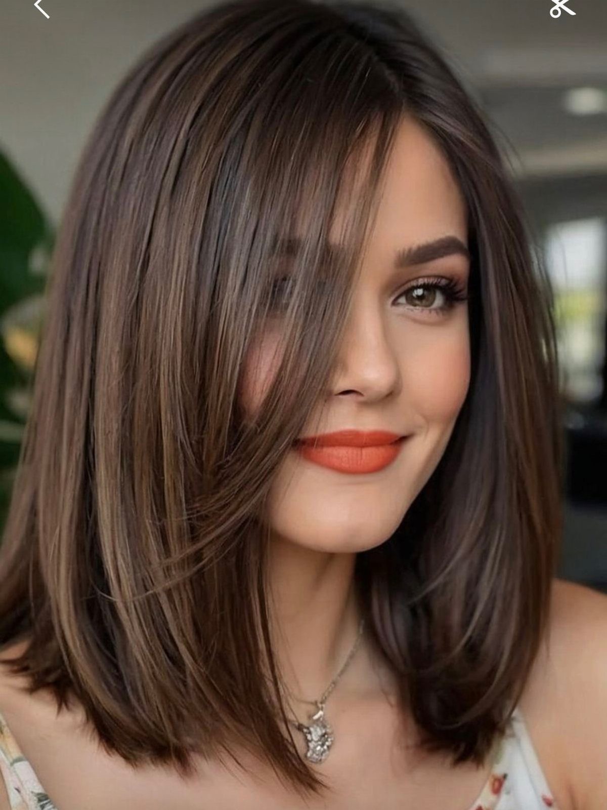 Woman displaying a polished shoulder-length dark brown long bob haircut