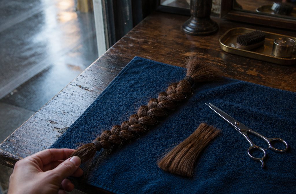 Long dark hair draped over a shoulder with ends gathered together
