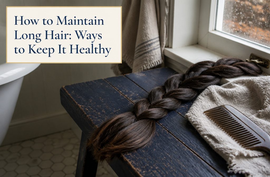 Long hair draped over one shoulder in a beauty-care setting