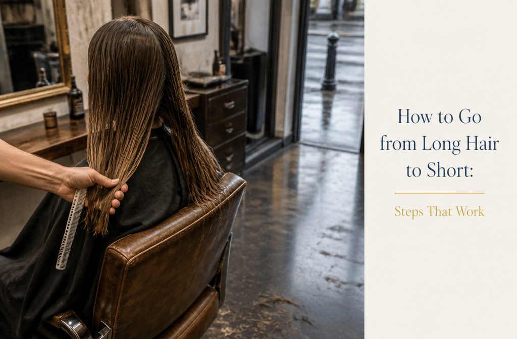 Long hair falling over a salon chair during a short haircut consultation