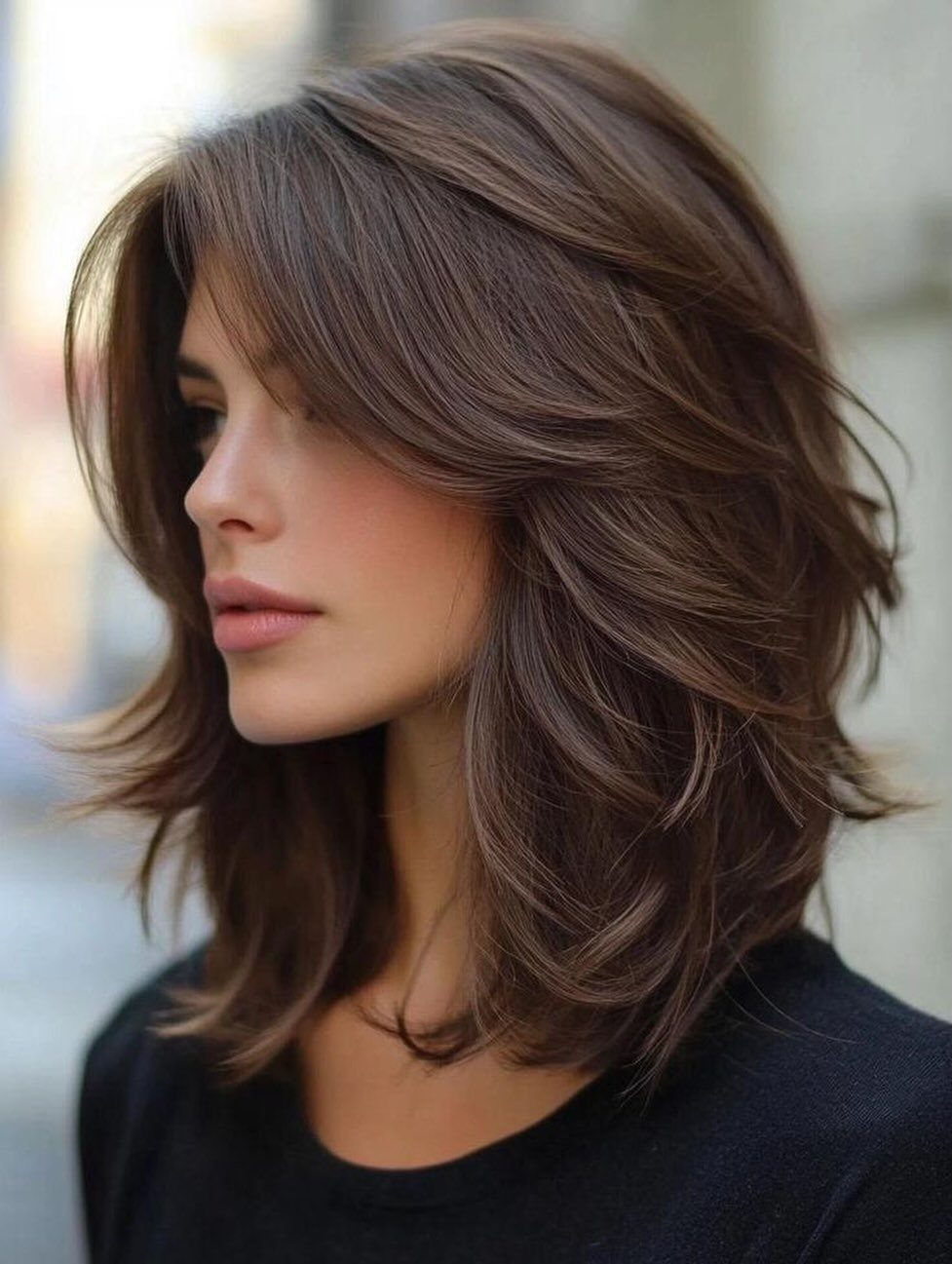 Woman with choppy brown layers blending into sweeping curtain bangs