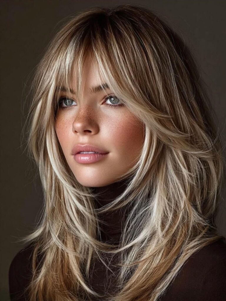 Woman with blonde shaggy layers and wispy curtain bangs