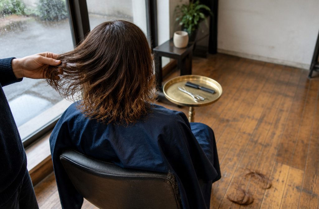 Client with long hair seated beside a stylist in a salon
