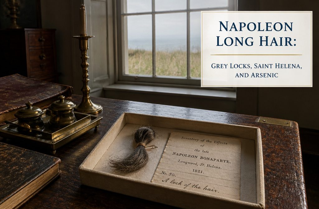 Napoleon grey hair preserved in a glass case against a neutral background