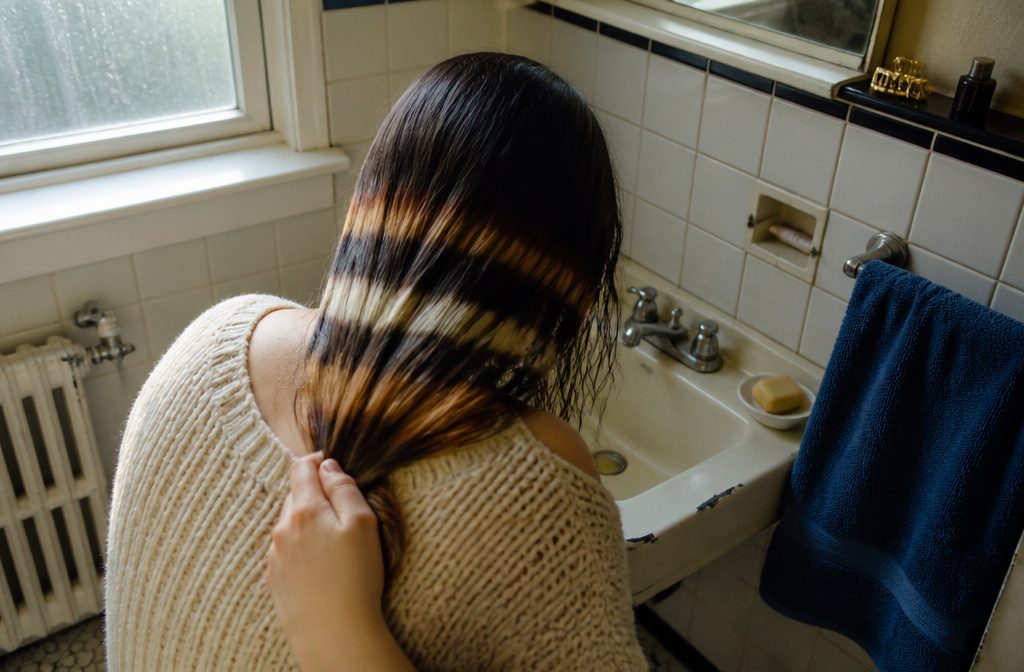 Hair with horizontal dark and light stripes inspired by raccoon tail markings