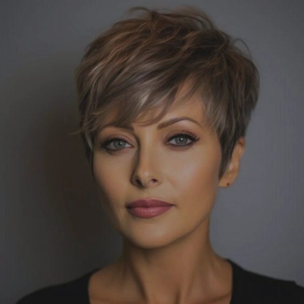 Woman modeling a short layered brown pixie haircut with side-swept bangs