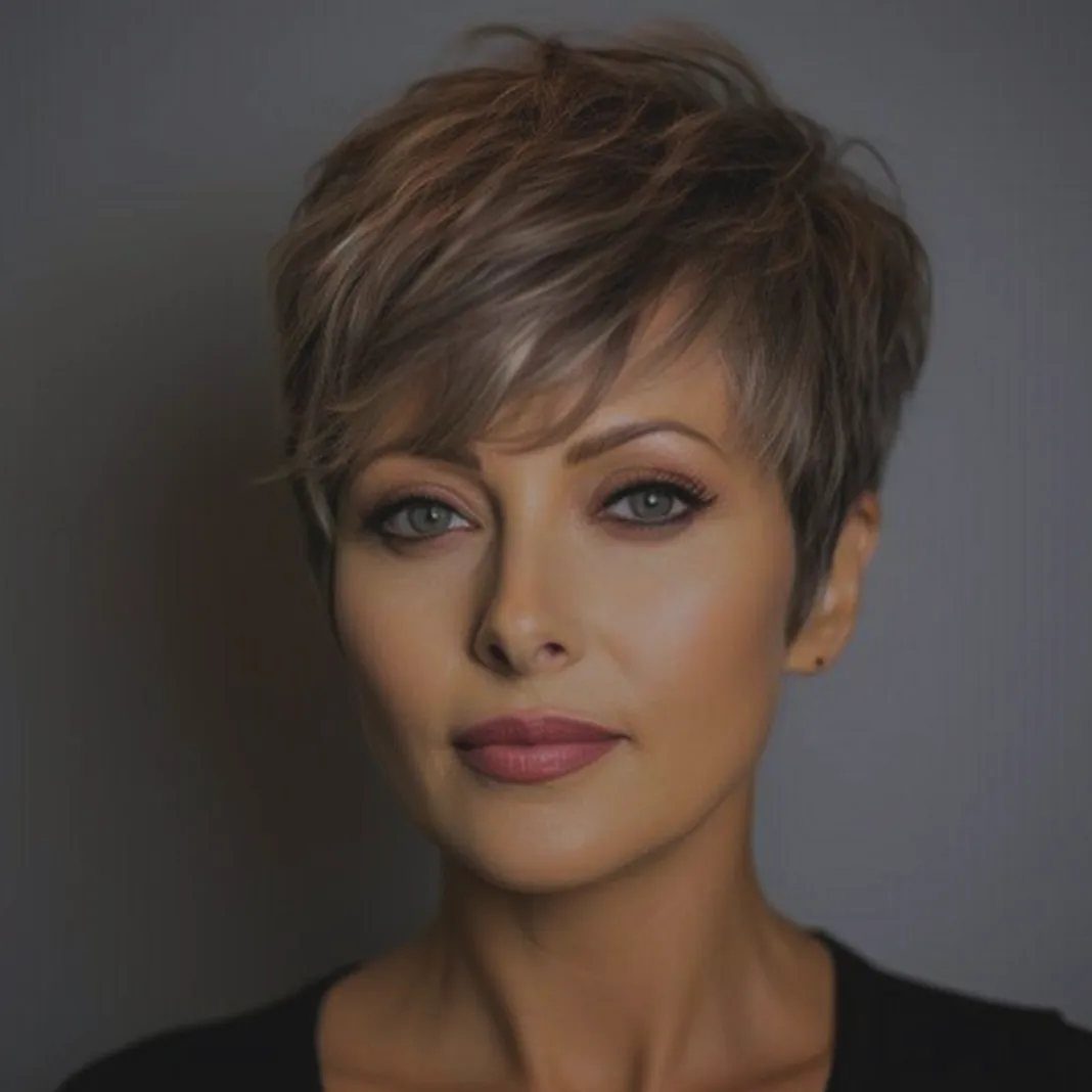 Woman modeling a short layered brown pixie haircut with side-swept bangs
