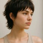 Person with a short dark shag haircut and wispy bangs looking to the side