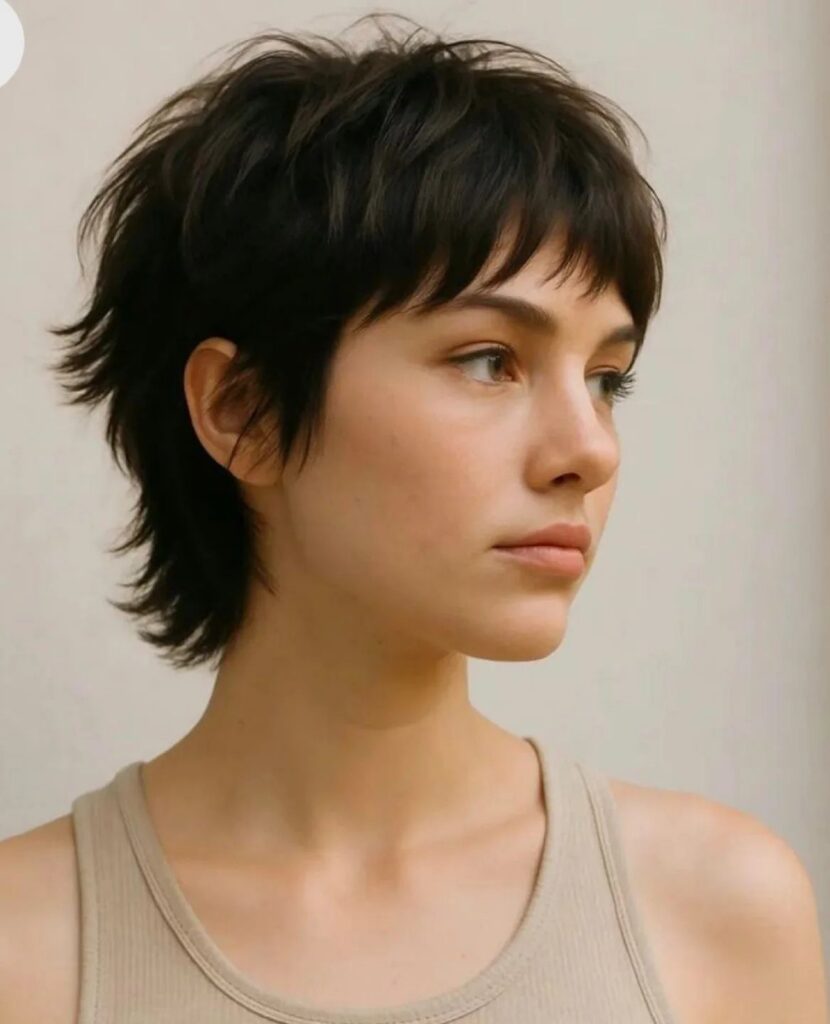Person with a short dark shag haircut and wispy bangs looking to the side
