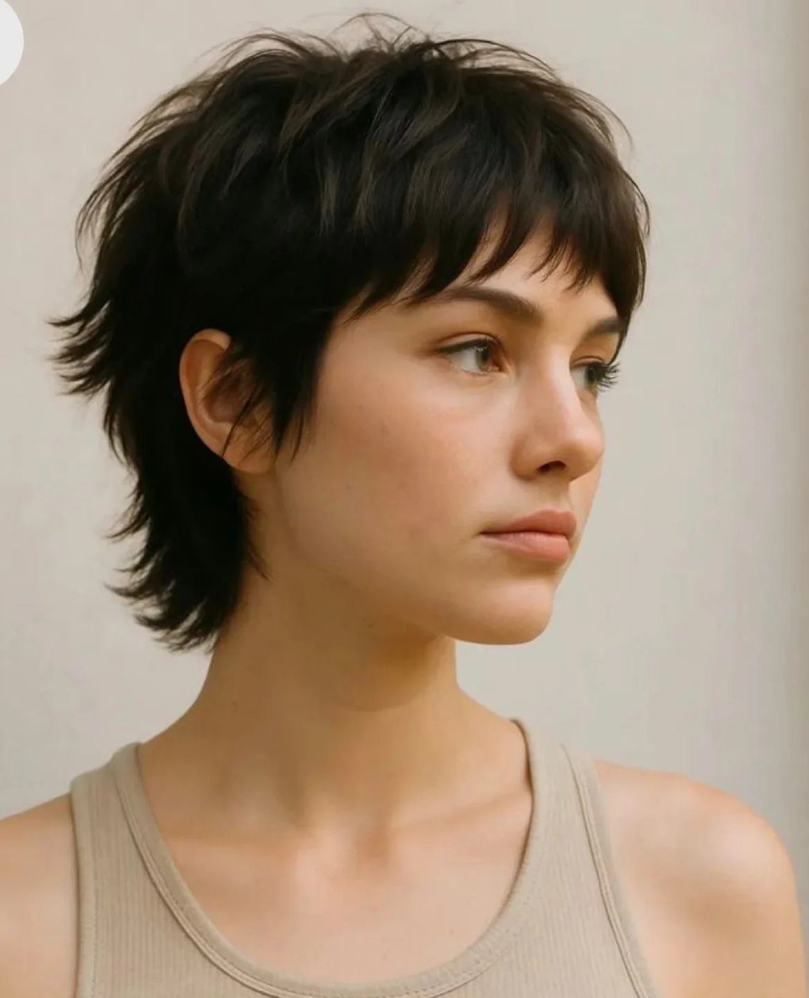 Person with a short dark shag haircut and wispy bangs looking to the side