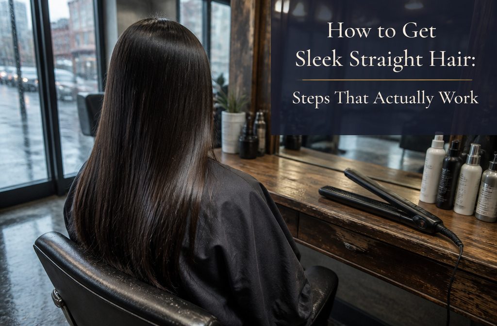 Straight hair falling from a side part to blunt ends with a smooth finish
