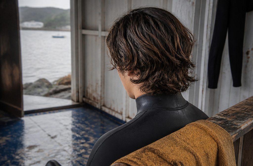 Surf curtains haircut with layered hair parted down the middle