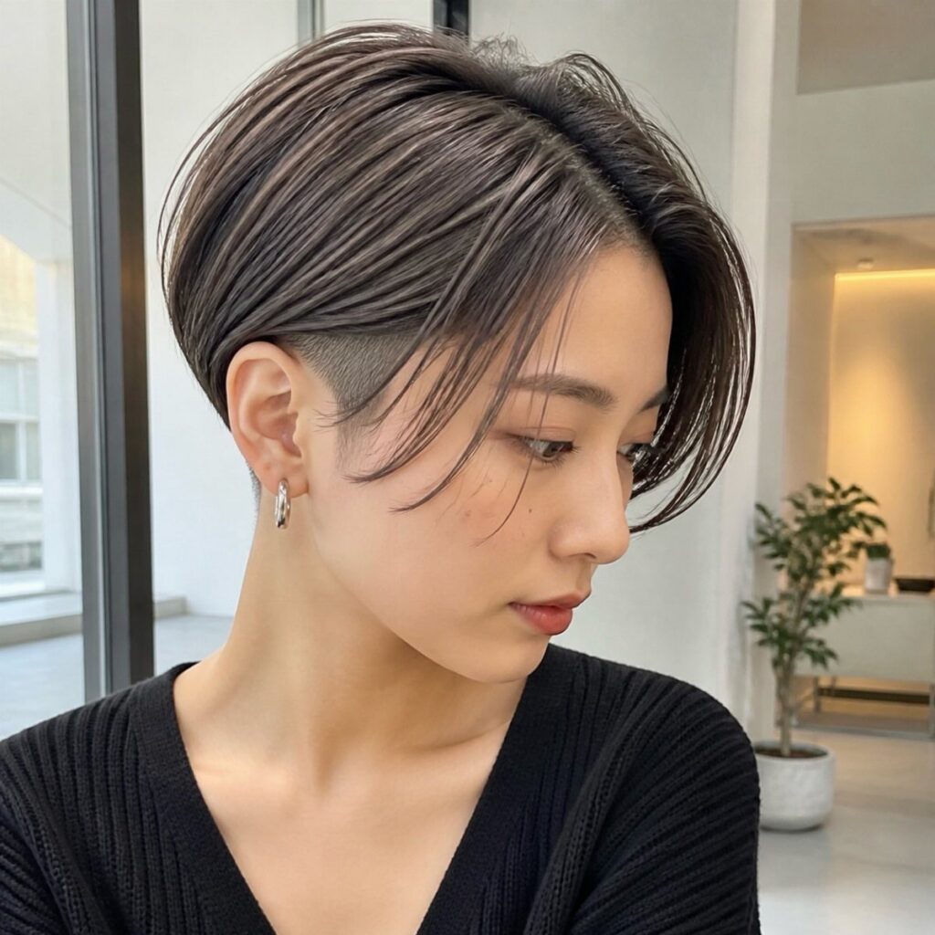 Short two-block haircut with a long side part and closely trimmed sides