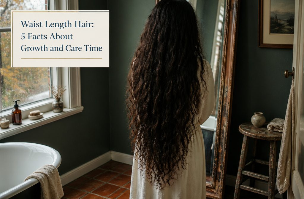 Waist-length hair falling straight down a model’s back to her waist