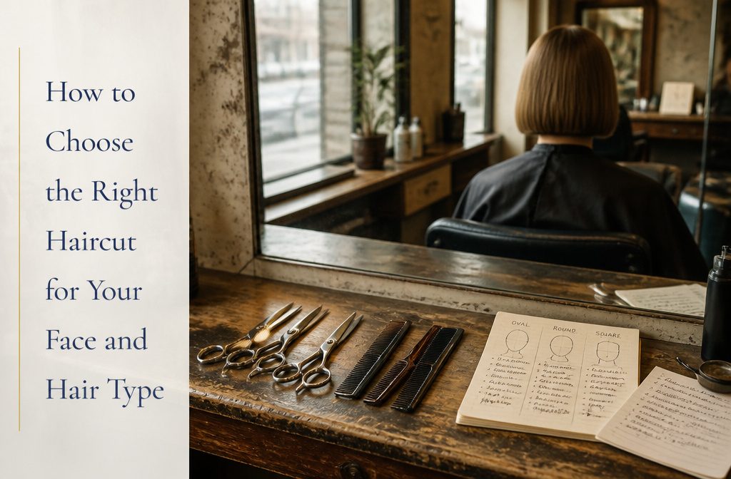 Stylist comparing layered haircut with face shape and hair texture references